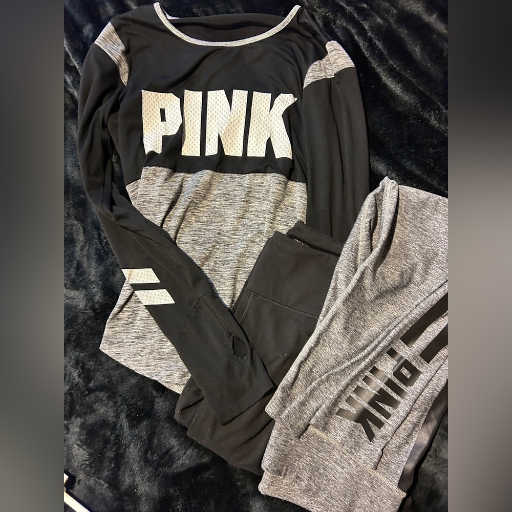Black and Gray PINK Long Sleeve Top and yoga pants and capri Set size large